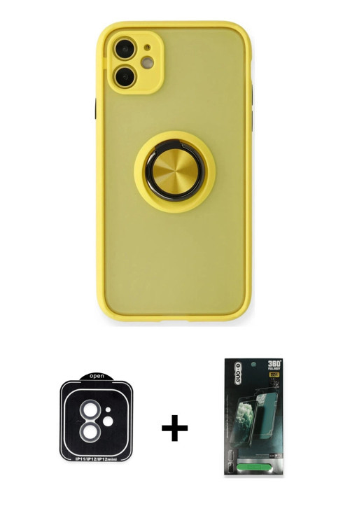 ieg™ iPhone 11 Kılıf Yörünge Çizgi - Şeffaf 360 Full Body Arka Koruyucu + Yeşil PVD Metal Kamera Len