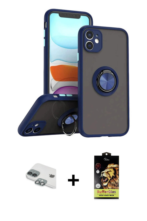 ieg™ iPhone 11 Kılıf Yörünge Çizgi - Siyah Buffer Cam Ekran Koruyucu + Yeşil Pers Alüminyum Kamera L