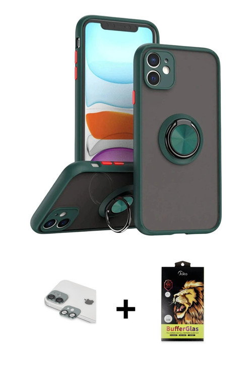 ieg™ iPhone 11 Kılıf Yörünge Çizgi - Siyah Buffer Cam Ekran Koruyucu + Yeşil Pers Alüminyum Kamera L