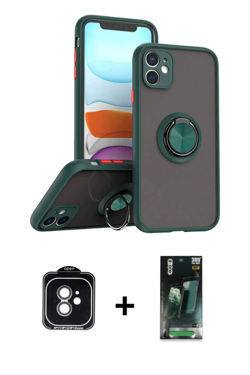 ieg™ iPhone 11 Kılıf Yörünge Çizgi - Şeffaf 360 Full Body Arka Koruyucu + Yeşil PVD Metal Kamera Len