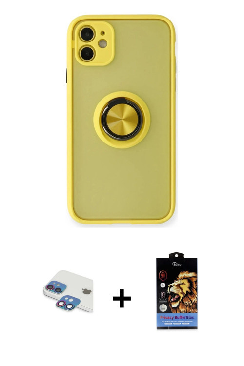 ieg™ iPhone 11 Kılıf Yörünge Çizgi - Siyah Buffer Hayalet Cam Ekran Koruyucu + Gökkuşağı Pers Alümin