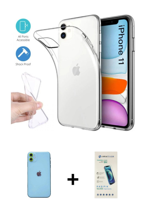 ieg™ iPhone 11 Kılıf Zirve Doku - Şeffaf Pasifik Cam Ekran Koruyucu + Yeşil Neon Fosforlu Kamera Len