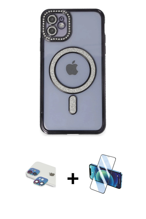 ieg™ iPhone 11 Kılıf Zirve Doku Prime - Siyah 3D Antistatik Cam Ekran Koruyucu + Gökkuşağı Pers Alüm