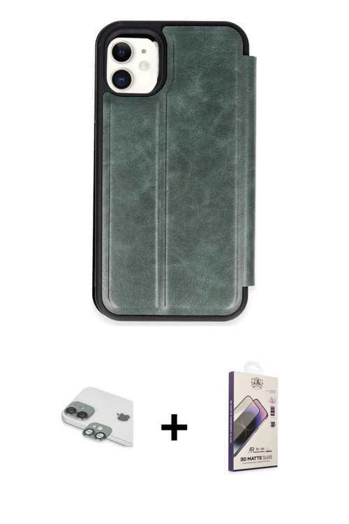 ieg™ iPhone 11 Kılıf Zirve Yansıma Serisi - Siyah Bilvis 3D Mat Cam Ekran Koruyucu + Yeşil Pers Alüm