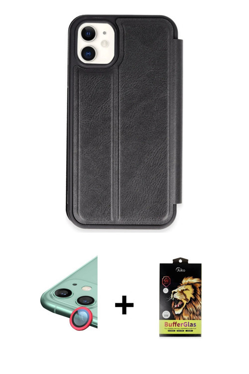 ieg™ iPhone 11 Kılıf Zirve Yansıma Serisi - Siyah Buffer Cam Ekran Koruyucu + Kırmızı Raze Metal Kam