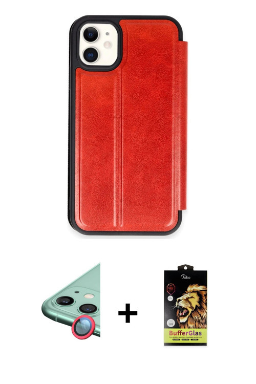 ieg™ iPhone 11 Kılıf Zirve Yansıma Serisi - Siyah Buffer Cam Ekran Koruyucu + Kırmızı Raze Metal Kam