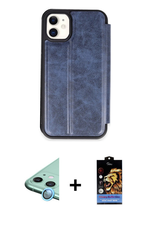 ieg™ iPhone 11 Kılıf Zirve Yansıma Serisi - Siyah Buffer Hayalet Cam Ekran Koruyucu + Mavi Raze Meta