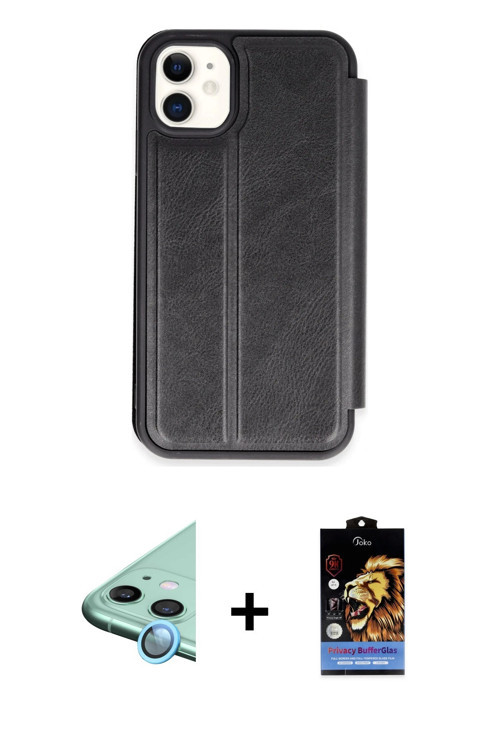 ieg™ iPhone 11 Kılıf Zirve Yansıma Serisi - Siyah Buffer Hayalet Cam Ekran Koruyucu + Mavi Raze Meta