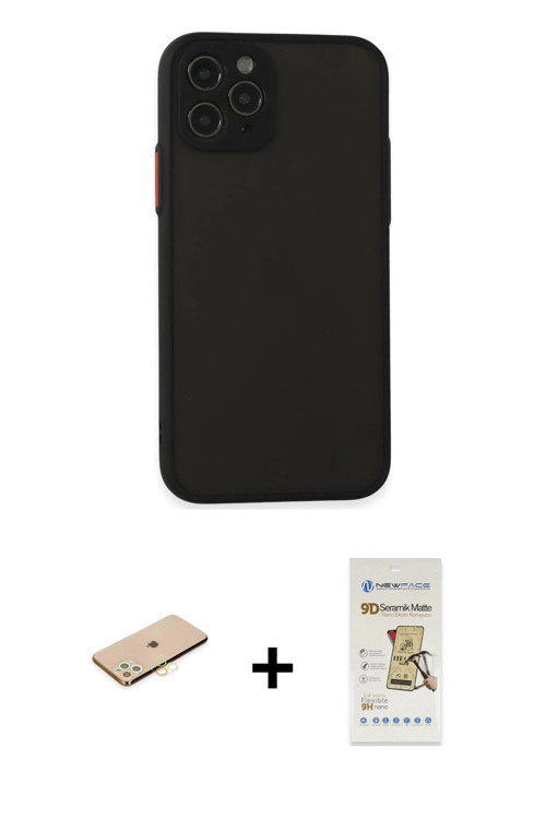 ieg™ iPhone 11 Pro Kılıf Ahenk Çizgi Serisi - Siyah Mat Seramik Nano Ekran Koruyucu + Sarı Renkli Ka