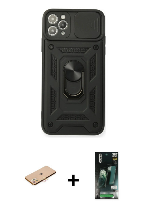 ieg™ iPhone 11 Pro Kılıf Ahenk Klasik - Siyah 360 Mat Full Body Arka Koruyucu + Turuncu Renkli Kamer