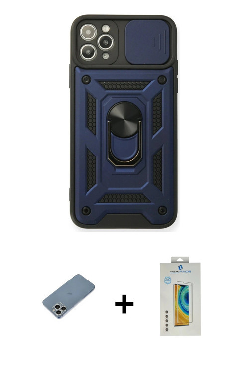 ieg™ iPhone 11 Pro Kılıf Ahenk Klasik - Siyah Polymer Nano Ekran Koruyucu + Gümüş Shine Kamera Lens