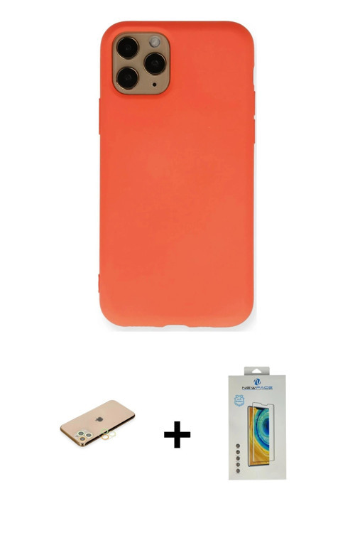 iPhone 11 Pro Kılıf Ahenk Serisi - Siyah Polymer Nano Ekran Koruyucu + Pembe Renkli Kamera Lens