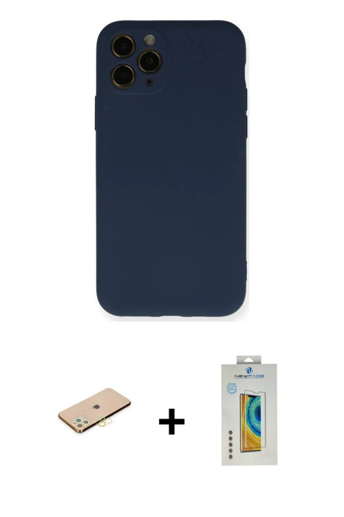 iPhone 11 Pro Kılıf Ahenk Serisi - Siyah Polymer Nano Ekran Koruyucu + Pembe Renkli Kamera Lens
