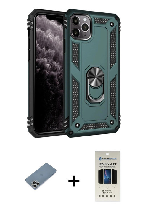 ieg™ iPhone 11 Pro Kılıf Ahenk Klasik Koleksiyonu - Siyah 5D Hayalet Cam Ekran Koruyucu + Gümüş Shin
