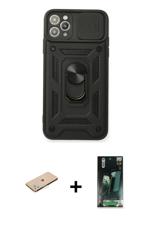 ieg™ iPhone 11 Pro Kılıf Ahenk Klasik - Şeffaf 360 Full Body Arka Koruyucu + Yeşil Renkli Kamera Len