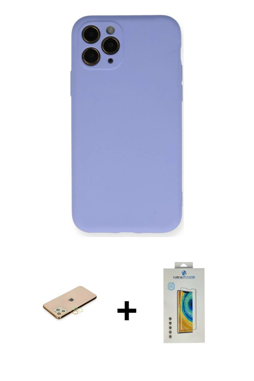 iPhone 11 Pro Kılıf Ahenk Serisi - Siyah Polymer Nano Ekran Koruyucu + Pembe Renkli Kamera Lens