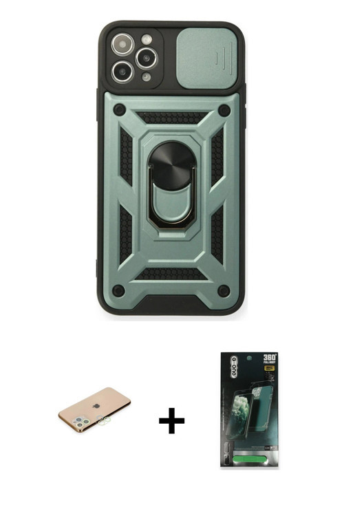 ieg™ iPhone 11 Pro Kılıf Ahenk Klasik - Şeffaf 360 Full Body Arka Koruyucu + Yeşil Renkli Kamera Len