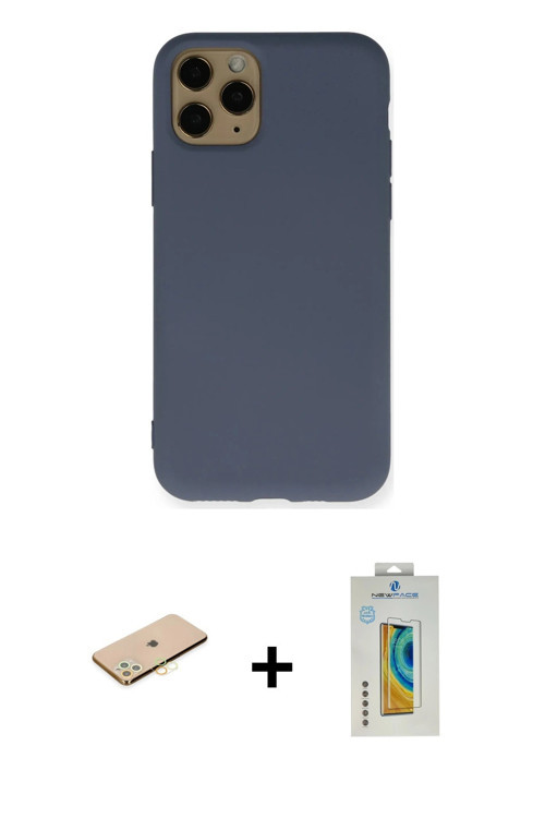 iPhone 11 Pro Kılıf Ahenk Serisi - Siyah Polymer Nano Ekran Koruyucu + Pembe Renkli Kamera Lens