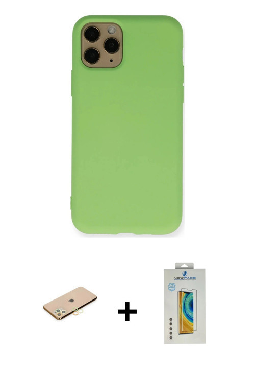 iPhone 11 Pro Kılıf Ahenk Serisi - Siyah Polymer Nano Ekran Koruyucu + Pembe Renkli Kamera Lens