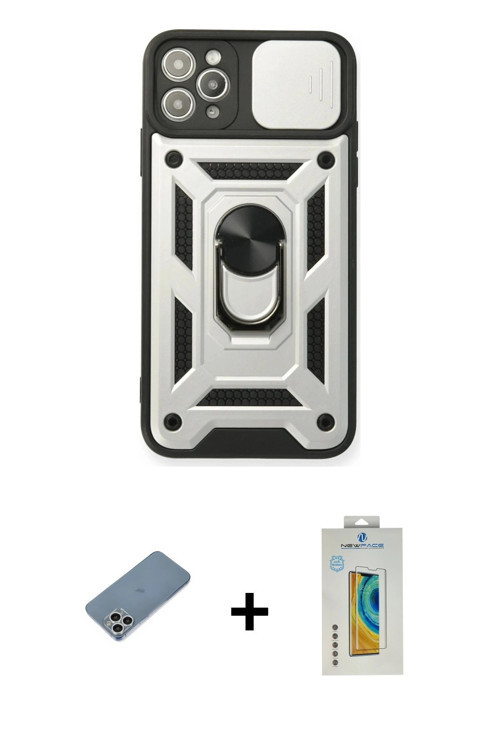 ieg™ iPhone 11 Pro Kılıf Ahenk Klasik - Siyah Polymer Nano Ekran Koruyucu + Gümüş Shine Kamera Lens