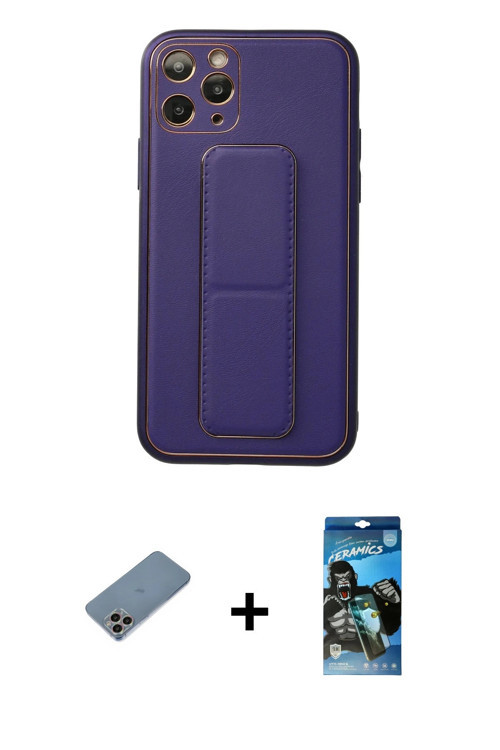 ieg™ iPhone 11 Pro Kılıf Akış Doku - Siyah 34D Izgaralı Cam + Gökkuşağı Shine Kamera Lens Koruma Cam