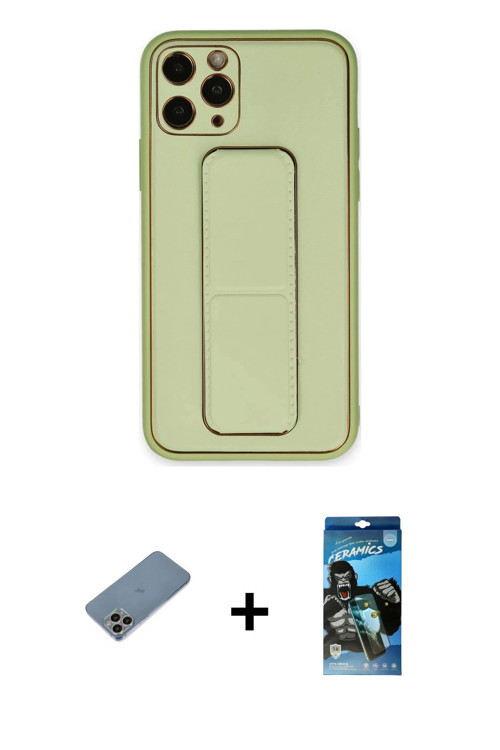 ieg™ iPhone 11 Pro Kılıf Akış Doku - Siyah 34D Izgaralı Cam + Gökkuşağı Shine Kamera Lens Koruma Cam