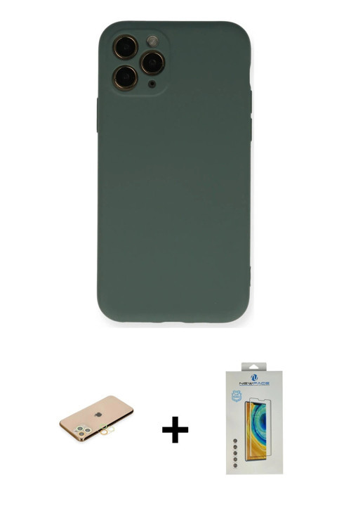 iPhone 11 Pro Kılıf Ahenk Serisi - Siyah Polymer Nano Ekran Koruyucu + Pembe Renkli Kamera Lens