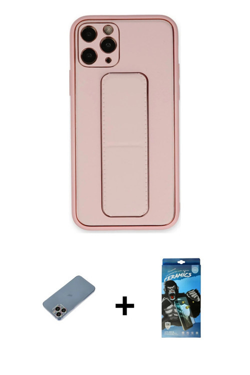 ieg™ iPhone 11 Pro Kılıf Akış Doku - Siyah 34D Izgaralı Cam + Gökkuşağı Shine Kamera Lens Koruma Cam