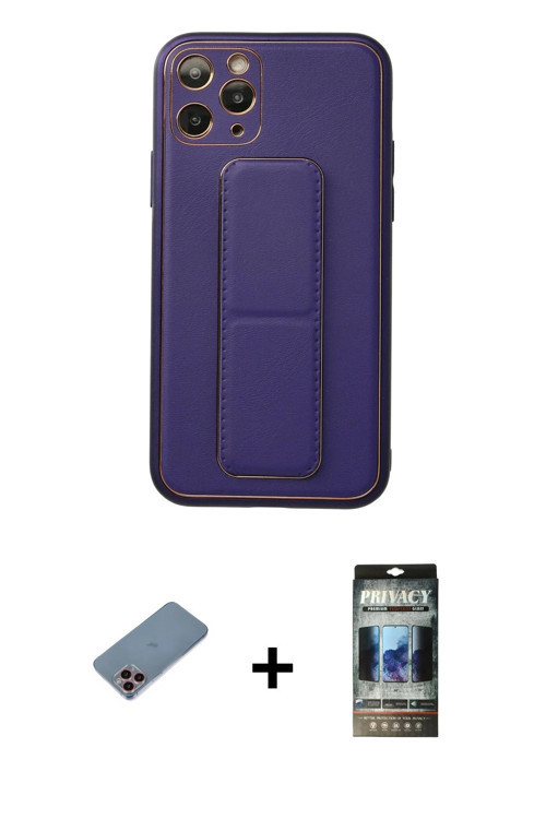ieg™ iPhone 11 Pro Kılıf Akış Doku - Siyah 34D Hayalet Izgaralı Cam + Pembe Shine Kamera Lens Koruma