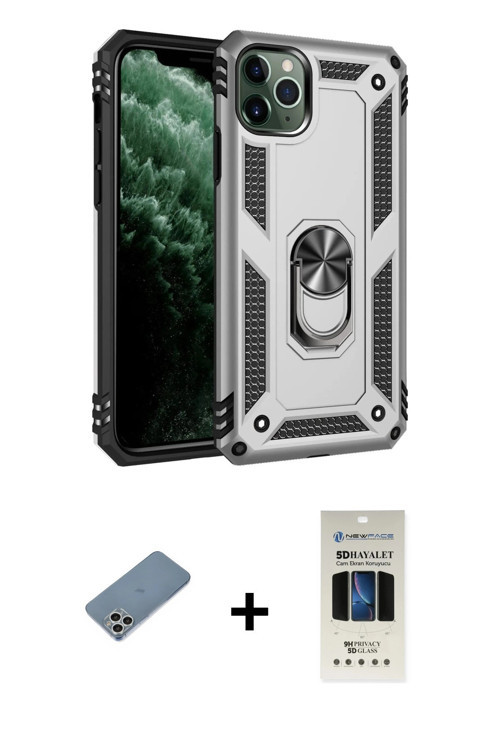ieg™ iPhone 11 Pro Kılıf Ahenk Klasik Koleksiyonu - Siyah 5D Hayalet Cam Ekran Koruyucu + Gümüş Shin