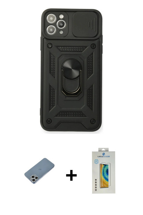 ieg™ iPhone 11 Pro Kılıf Ahenk Klasik - Siyah Polymer Nano Ekran Koruyucu + Gümüş Shine Kamera Lens