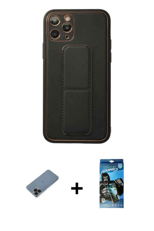 ieg™ iPhone 11 Pro Kılıf Akış Doku - Siyah 34D Izgaralı Cam + Siyah Shine Kamera Lens Koruma Cam