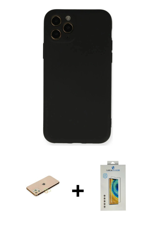 iPhone 11 Pro Kılıf Ahenk Serisi - Siyah Polymer Nano Ekran Koruyucu + Pembe Renkli Kamera Lens