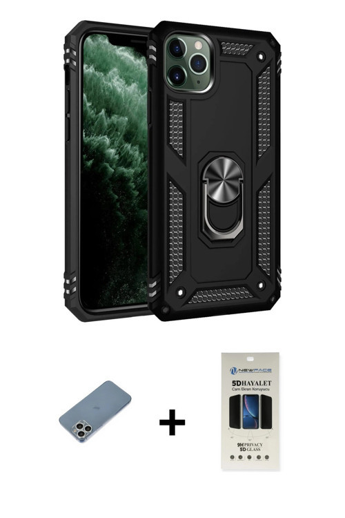 ieg™ iPhone 11 Pro Kılıf Ahenk Klasik Koleksiyonu - Siyah 5D Hayalet Cam Ekran Koruyucu + Gümüş Shin