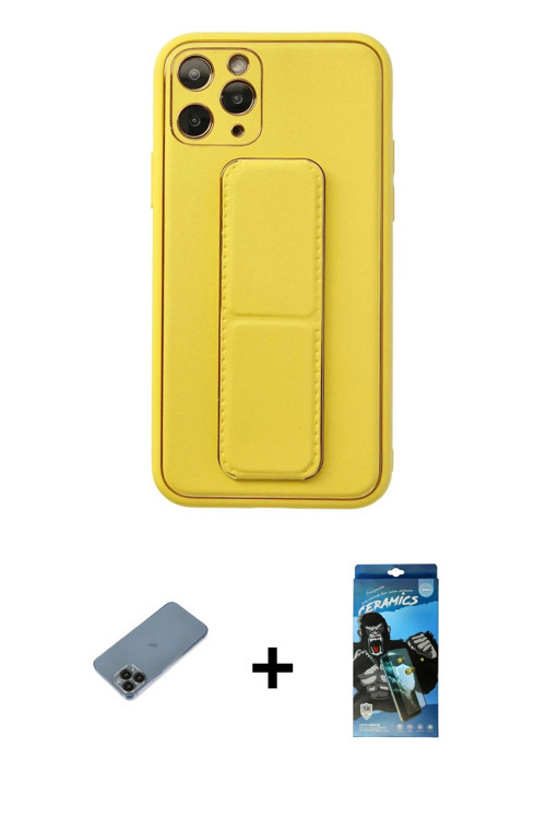 ieg™ iPhone 11 Pro Kılıf Akış Doku - Siyah 34D Izgaralı Cam + Siyah Shine Kamera Lens Koruma Cam