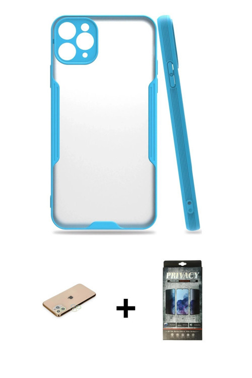ieg™ iPhone 11 Pro Kılıf Atlas Asil Serisi - Siyah 34D Hayalet Izgaralı Cam + Yeşil Renkli Kamera Le