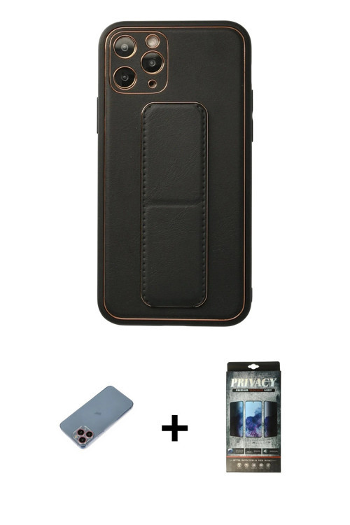 ieg™ iPhone 11 Pro Kılıf Akış Doku - Siyah 34D Hayalet Izgaralı Cam + Pembe Shine Kamera Lens Koruma