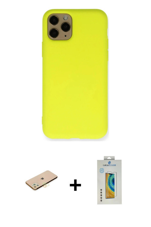 iPhone 11 Pro Kılıf Ahenk Serisi - Siyah Polymer Nano Ekran Koruyucu + Pembe Renkli Kamera Lens