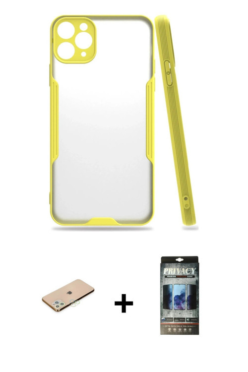 ieg™ iPhone 11 Pro Kılıf Atlas Asil Serisi - Siyah 34D Hayalet Izgaralı Cam + Yeşil Renkli Kamera Le