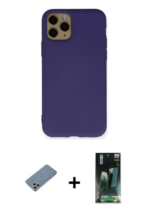 ieg™ iPhone 11 Pro Kılıf Ahenk Serisi - Şeffaf 360 Full Body Arka Koruyucu + Gümüş Shine Kamera Lens