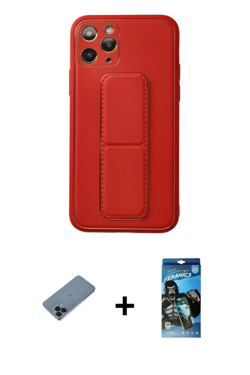 ieg™ iPhone 11 Pro Kılıf Akış Doku - Siyah 34D Izgaralı Cam + Siyah Shine Kamera Lens Koruma Cam
