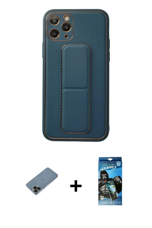 ieg™ iPhone 11 Pro Kılıf Akış Doku - Siyah 34D Izgaralı Cam + Siyah Shine Kamera Lens Koruma Cam