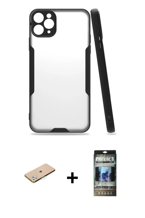 ieg™ iPhone 11 Pro Kılıf Atlas Asil Serisi - Siyah 34D Hayalet Izgaralı Cam + Yeşil Renkli Kamera Le