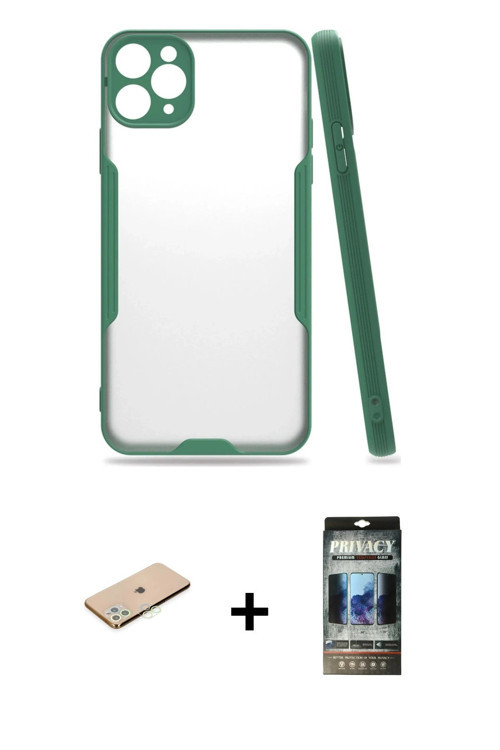 ieg™ iPhone 11 Pro Kılıf Atlas Asil Serisi - Siyah 34D Hayalet Izgaralı Cam + Yeşil Renkli Kamera Le