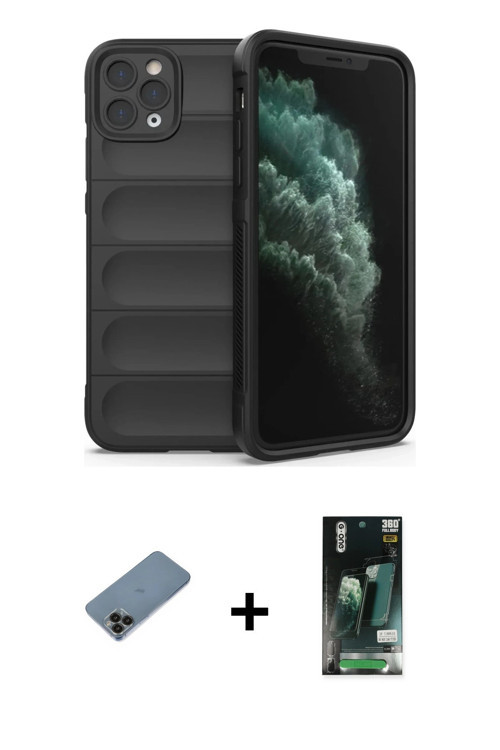 ieg™ iPhone 11 Pro Kılıf Atlas Koleksiyonu - Siyah 360 Mat Full Body Arka Koruyucu + Siyah Shine Kam