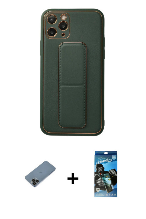 ieg™ iPhone 11 Pro Kılıf Akış Doku - Siyah 34D Izgaralı Cam + Siyah Shine Kamera Lens Koruma Cam