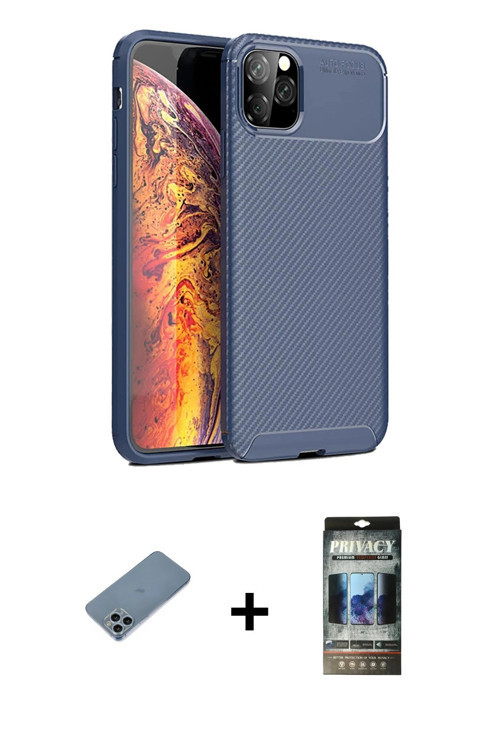ieg™ iPhone 11 Pro Kılıf Eksen Form Prime - Siyah 34D Hayalet Izgaralı Cam + Sierra Blue Shine Kamer