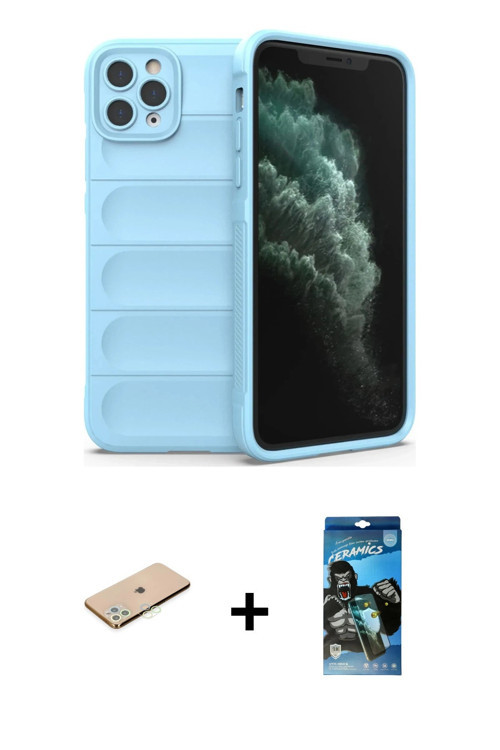 ieg™ iPhone 11 Pro Kılıf Atlas Koleksiyonu - Siyah 34D Izgaralı Cam + Yeşil Renkli Kamera Lens Korum