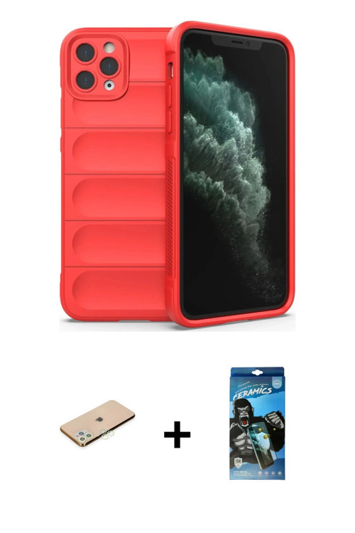 ieg™ iPhone 11 Pro Kılıf Atlas Koleksiyonu - Siyah 34D Izgaralı Cam + Yeşil Renkli Kamera Lens Korum