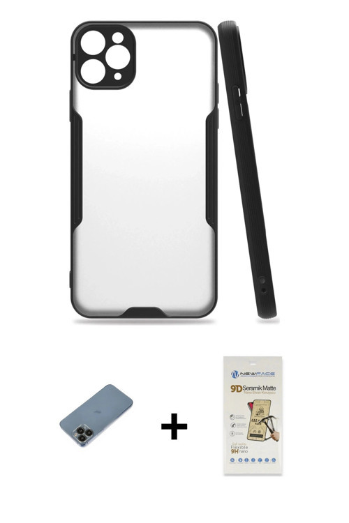 ieg™ iPhone 11 Pro Kılıf Atlas Asil Serisi - Siyah Mat Seramik Nano Ekran Koruyucu + Siyah Shine Kam